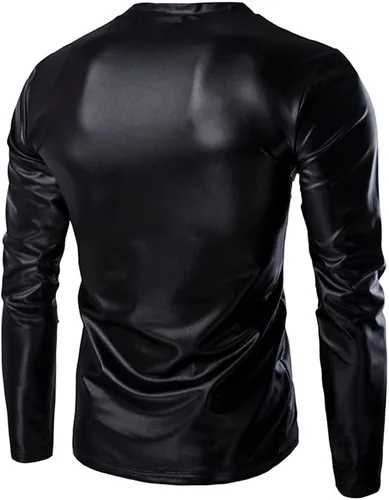 Vista 2 de VOWUA Camisas para hombre, túnica metálica, brillante, aspecto mojado, camiseta de charol, hip hop, discoteca, fiesta, blusa