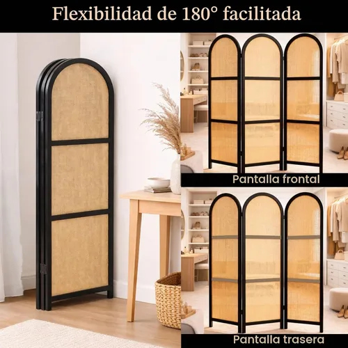 Vista 6 de ELK & ELDER Divisor de habitación de 3 paneles Pantalla de privacidad plegable con marcos de madera oscura arqueada y paneles tejidos claros