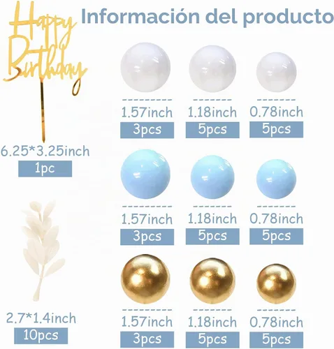Vista 2 de Decoración de bolas azules para tarta, decoración bohemia de hierba para tarta, bolas de perlas azules, blancas y doradas, decoración de pastel