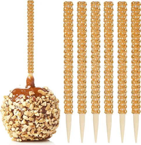 Vista 12 de 32 PIEZAS de Palitos de Manzana de Caramelo Brillantes de Bambú, Brochetas de Punta de Madera con Envoltura de Malla de Diamantes y Pedrería Negro