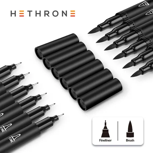 Vista 3 de Hethrone Marcadores negros para dibujar - Bolígrafos de pincel con puntas de fieltro para artistas - Bolígrafos de caligrafía, paquete de 12