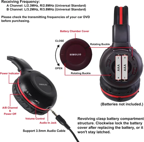 Vista 3 de SIMOLIO Auriculares infrarrojos de dos canales para Honda Odyssey, Pilot, uConnect VES, Chrysler Pacifica, Town and Country, GMC Yukon, Nissan