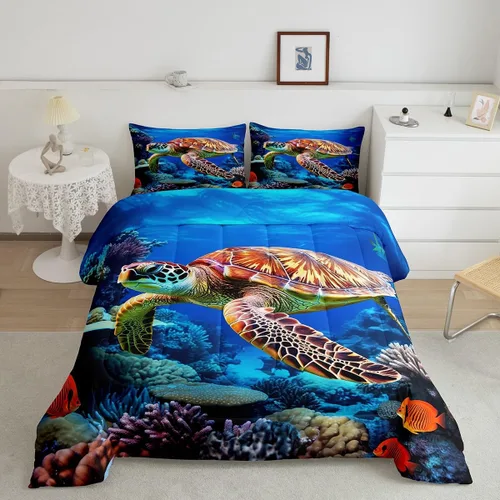 Vista 29 de Erosebridal Juego de edredón de ballena náutica, tamaño individual, juego de ropa de cama vintage azul con ondas oceánicas para niños y niñas