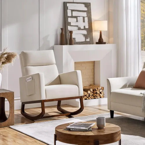 Vista 2 de Yaheetech Silla mecedora para sala de estar, silla deslizante tapizada con bolsillo lateral, silla decorativa moderna con respaldo alto cómodo Beige
