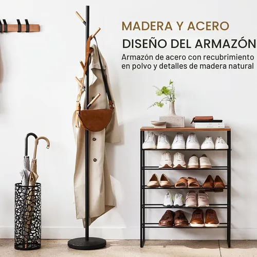 Vista 8 de Yamazaki Inicio Perchero independiente con ganchos de madera, ahorro de espacio de acero talla única negro