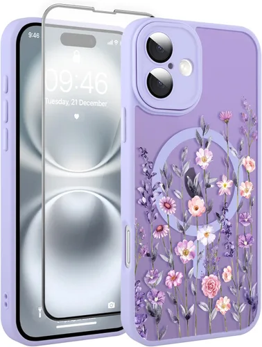 Vista 28 de Magnético para iPhone 13 con protector de pantalla [Compatible con MagSafe] Diseño de patrón floral de flores bonitas, funda delgada a prueba