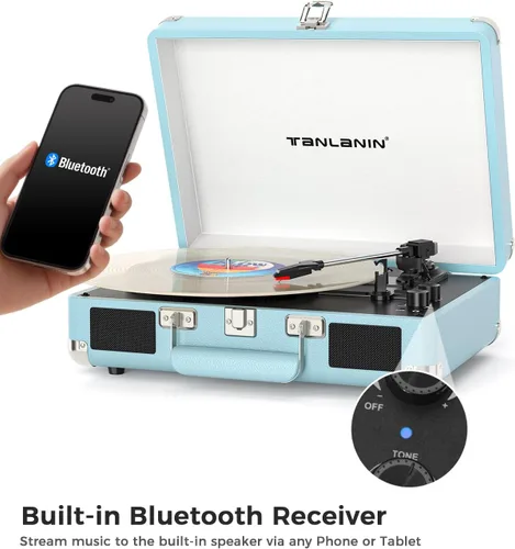 Vista 6 de Tocadiscos de maleta Bluetooth con altavoces integrados, control de graves y agudos, tocadiscos de transmisión por correa de 3 velocidades