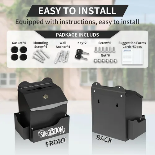 Vista 4 de Ydocabinit Caja de sugerencias de metal con letras de sugerencias, montaje en pared y mesa con soporte para bolígrafo con candado, 50 tarjetas