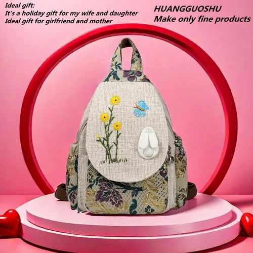 Vista 127 de HUANGGUOSHU Mochila de algodón tejida de algodón bohemio con bordado de lona estilo bohemio con múltiples bolsillos retro linda mochila cartera