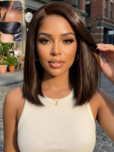 Vista 27 de KLAIYI Peluca de cabello humano con encaje frontal precortada 7x5, corte Bob en capas, corte romo, cordón sin pegamento, peluca predepilada