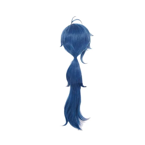 Vista 2 de Kaeya - Peluca + venda de ojos + aretes, juego Genshin Impact Cosplay pelo largo azul para hombres, pelucas sintéticas para fiesta de Halloween, 1