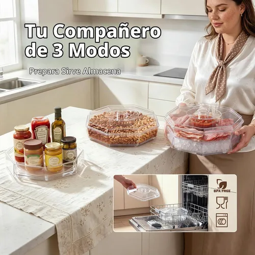 Vista 3 de IVYHOME 5 compartimentos para servir hielo Lazy Susan, plato de cóctel de camarones divididos con tapa, plato de plástico para tacos, bandeja fría