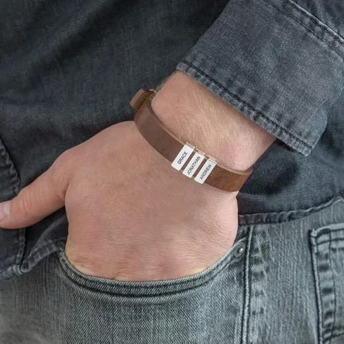 Vista 5 de MYKA - Pulsera de cuero negro para hombre con nombres inscripción en cuentas de plata personalizadas joyería personalizada para hombres marido papá