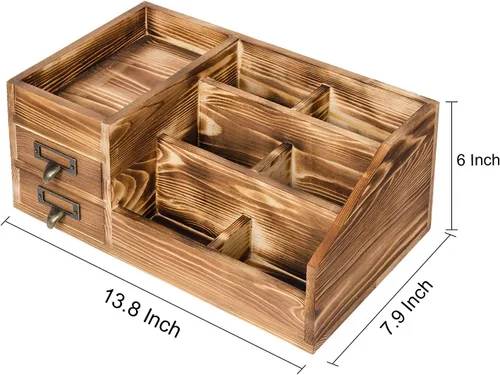 Vista 4 de Liry Products Organizador de escritorio de madera rústica, suministros de oficina, gabinete de almacenamiento de mesa marrón, estante escalonado
