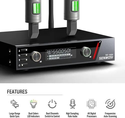Vista 5 de Sistema de micrófono inalámbrico UHF de doble canal con escaneo automático y sincronización IR - 200 canales, rango de 400 pies, micrófonos
