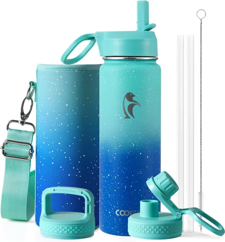 Vista 101 de Coolflask Botella de agua de 20 onzas aislada con pajilla, 3 tapas de metal de acero inoxidable, botella de agua de boca ancha para deportes u