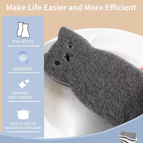 Vista 5 de Esponjas de cocina reutilizables, esponja de plato con forma de gato para lavar platos, esponjas antiarañazos para lavar platos, esponja