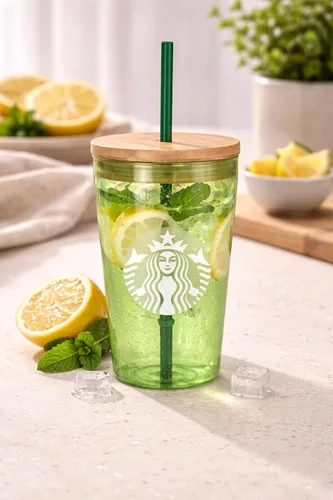 Vista 2 de Starbucks Matcha Glass Cold Cup 16 oz – Vaso de cristal reutilizable para café helado con tapa y pajilla