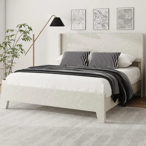 Vista 12 de Base de cama tamaño matrimonial con cabecero tapizado de imitación de cuero, resistente al desgaste, fácil de limpiar, base para colchón, no Beige