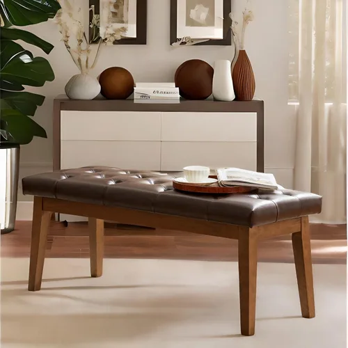 Vista 10 de HUIMO Upholstered Bench, Button Tufted Dining Bench (Beige) con patas de madera maciza, banco de extremo de cama para dormitorio, entrada, sala