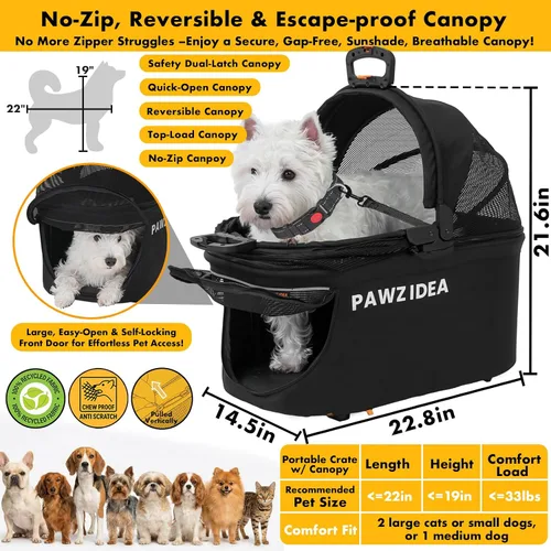 Vista 4 de PAWZIDEA Carriola de mascotas 4 en 1, Carriola de gatos con portaequipaje desmontable y dosel sin cremallera, jaula portátil para perros
