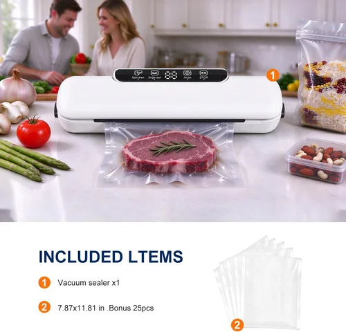 Vista 11 de Máquina selladora al vacío de alimentos con 25 bolsas, potencia de succión de 65 kPa, máquina de sellado al vacío, automática compacta de un solo