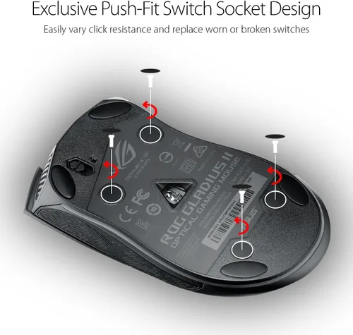 Vista 5 de ASUS Mouse óptico para juegos - P502 ROG Gladius II Agarre ergonómico a la derecha Mouse de juegos de PC para juegos FPS Sensor óptico de 12000