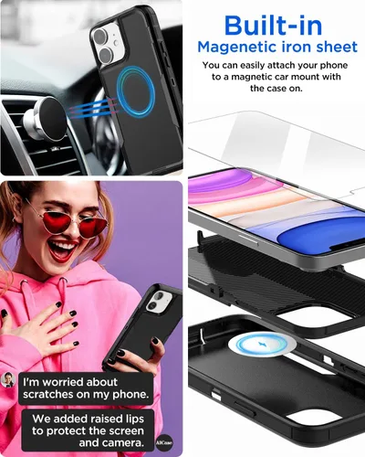 Vista 5 de AICase Funda magnética para iPhone 11, soporte magnético para automóvil, resistente de 2 capas, resistente a los bolsillos, protección de grado