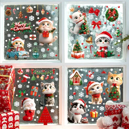 Vista 5 de Calcomanías de gato para ventana de Navidad, 9 hojas de decoración de Navidad, campanas de árbol de gato, calcomanías para fiestas de vacaciones