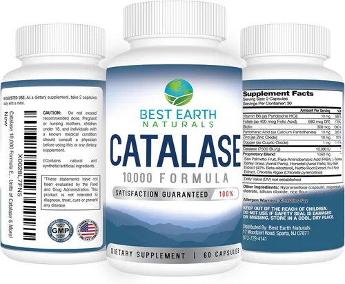 Vista 2 de Best Earth Naturals Suplemento Catalase 10,000 con Saw Palmetto, Biotina, Fo-Ti, PABA - Suplementos capilares para cabello fuerte - 60 cápsulas