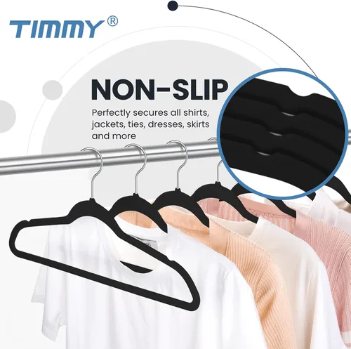 Vista 5 de TIMMY Perchas de terciopelo de alta calidad – Perchas negras resistentes antideslizantes que ahorran espacio para abrigos, trajes y suéteres