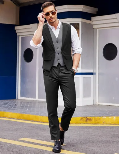 Vista 4 de COOFANDY Chaleco de traje en capas para hombre, chalecos de vestir formales, chaleco de boda ajustado