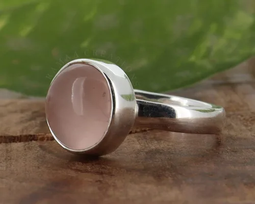 Vista 5 de Anillo de plata de cuarzo rosa Anillo de cuarzo rosa redondo natural Plata de ley 925 Joyería hecha a mano