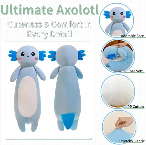 Vista 5 de Kekeso Animal de Peluche Ajolote Largo Almohada de Peluche de Salamandra, Suave Juguete de Peluche de Ajolote para Niños y Niñas, Regalos para Azul