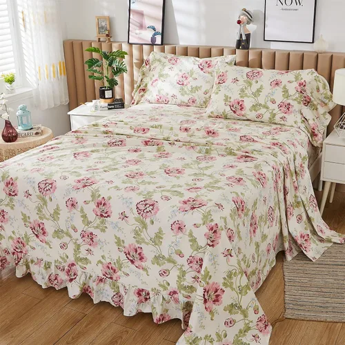 Vista 2 de ABREEZE Juego de sábanas con estampado floral beige, juego de ropa de cama bohemio, juego de ropa de cama de lujo de 4 piezas, medallón de damasco