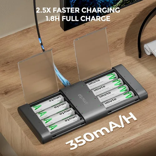 Vista 4 de imuto Baterías recargables AA con cargador, baterías de litio AA de 2000 mAh, paquete de 8, cargador de baterías de litio AA delgado de 8 ranuras
