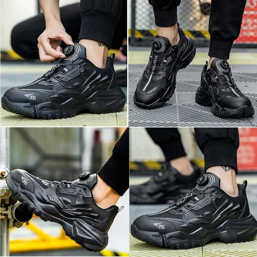 Vista 2 de Zapatos de trabajo con punta de acero para hombre, sin cordones, con botón giratorio, seguridad, construcción, almacén, zapatos, zapatos de trabajo