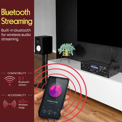 Vista 3 de Pyle Amplificador estéreo inalámbrico Bluetooth para el hogar, amplificador de potencia multicanal de 200 W, sistema receptor de audio para el hogar