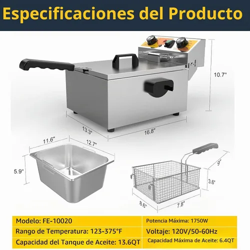 Vista 7 de Festa Essential Freidora eléctrica de 13.6 cuartos de galón con cesta y tapa de freír de 6 L (6.5 cuartos de galón), encimera comercial de acero