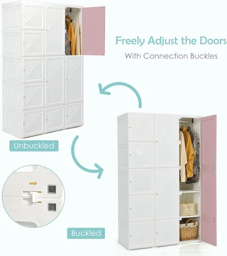 Vista 7 de Tangkula Armario Closet Portátil, Organizador de Ropa Plegable con Almacenamiento de Cubículos, Varillas para Colgar, Fácil de Ensamblar