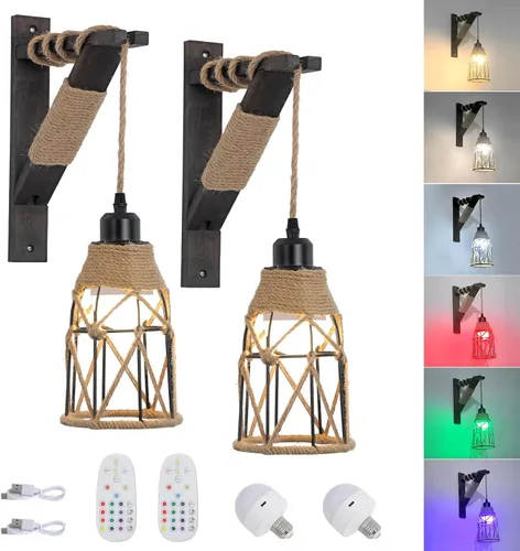 Vista 10 de Juego de 2 apliques de pared enchufables, lámparas colgantes de estilo rústico que se enchufan a la toma de pared, aplique de jaula de metal rústico