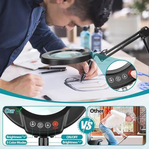 Vista 4 de Lámpara de lupa de 10 aumentos con luz y soporte, lámpara de escritorio y abrazadera 2 en 1, Seylae con 5 modos de color, lupa iluminada LED