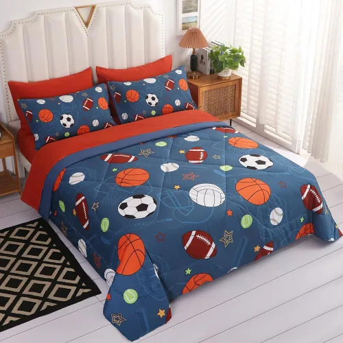 Vista 4 de Juego de ropa de cama de baloncesto 3D tamaño matrimonial, juego de edredón de fútbol para niños y niños, juego de edredón de fútbol de 7 piezas