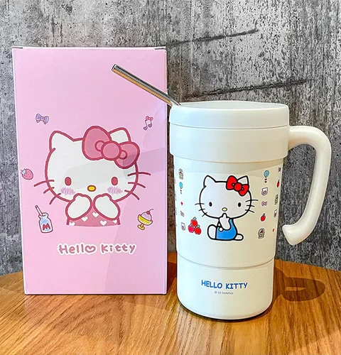 Vista 2 de Everyday Delights Hello Kitty - Vaso aislado de acero inoxidable con tapa, popote y varilla para agitar, 19.6 fl oz (blanco)