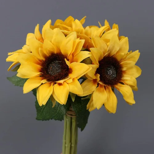 Vista 3 de Ramo de girasoles artificiales, 12 girasoles falsos de 3 pulgadas con tallos para boda, novia, celebración de flores, baby shower, decoración