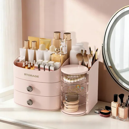 Vista 9 de XIAPIA Organizador de maquillaje para encimera, organizador de maquillaje para tocador, cuidado de la piel y organizadores de cosméticos con Rosa