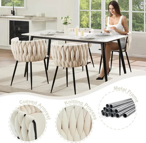 Vista 5 de Juego de 2 sillas de comedor de terciopelo, sillas laterales tapizadas tejidas con patas de metal negro, sillas decorativas modernas, sillas