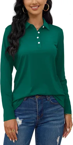 Vista 4 de TACVASEN Polo de golf para mujer, camiseta de manga larga, UPF 50+, secado rápido, 4 botones, rendimiento de tenis, ejercicio