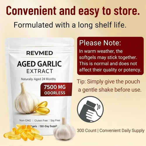 Vista 6 de WNW Revmed Extracto de ajo añejo, equivalente a 7500 mg, envejecido naturalmente a 24 meses, cápsulas blandas inodoras, sin OMG, sin gluten ni soja