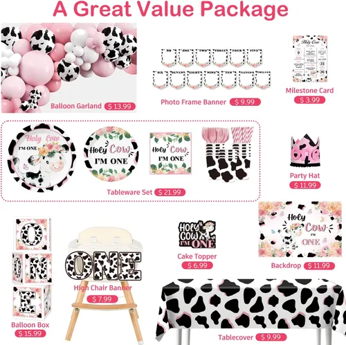 Vista 3 de cocomigo Juego de 232 decoraciones de cumpleaños con diseño de vaca sagrada